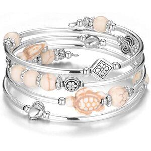 17-White Turtle Bracelet Layered Wrap Bangle Bead Bracelet w/ Agate Stone